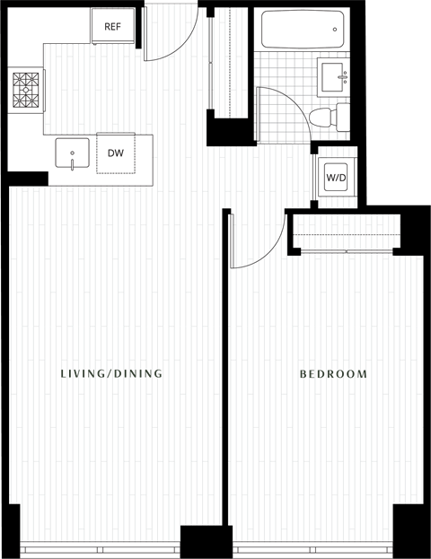 Floor plan for 1 bed, 1 bath, 694 sqft